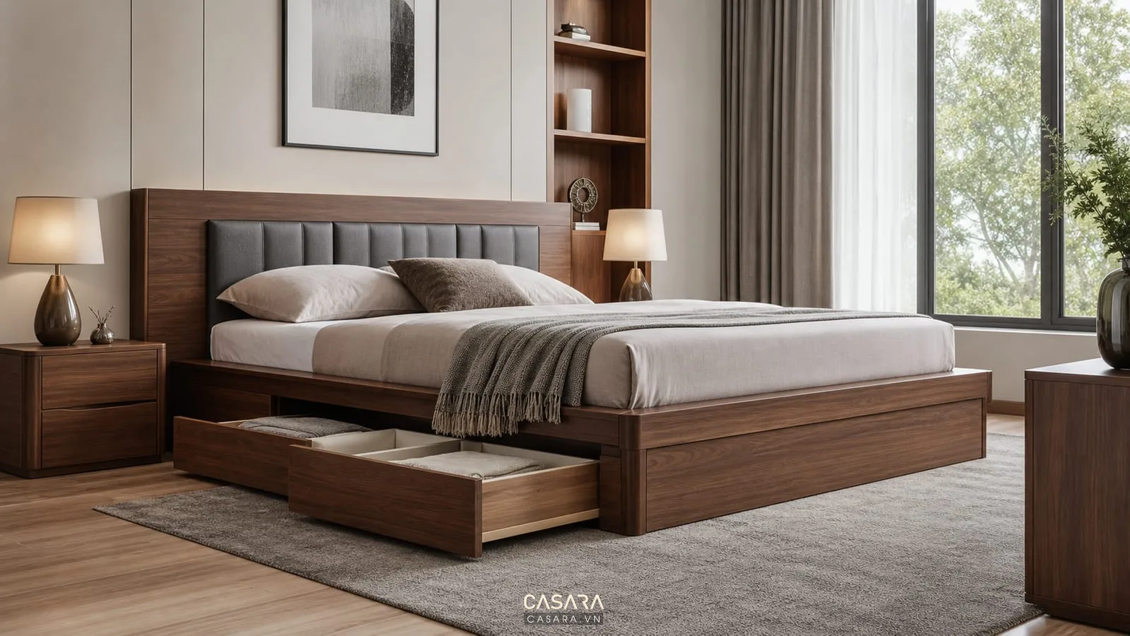 giường thông minh gỗ công nghiệp màu óc chó với hộc kéo