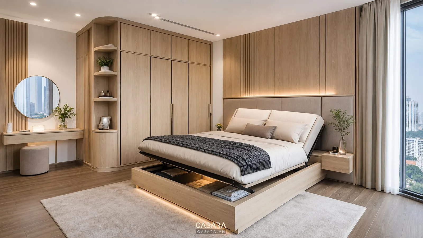 bản phối phòng ngủ có giường thông minh và tủ áo đồng bộ