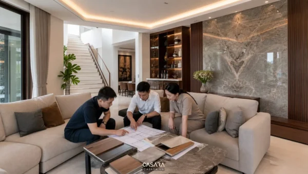 dịch vụ thi công biệt thự phòng khách với đội thi công kiểm tra bản vẽ nội thất