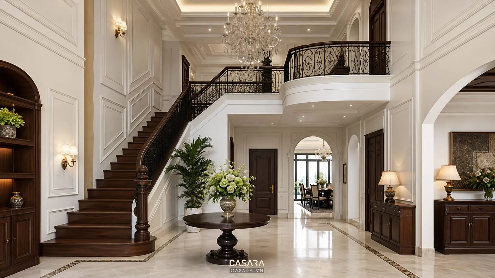 thi công biệt thự cổ điển với sảnh phào chỉ cầu thang đèn chùm và nội thất gỗ