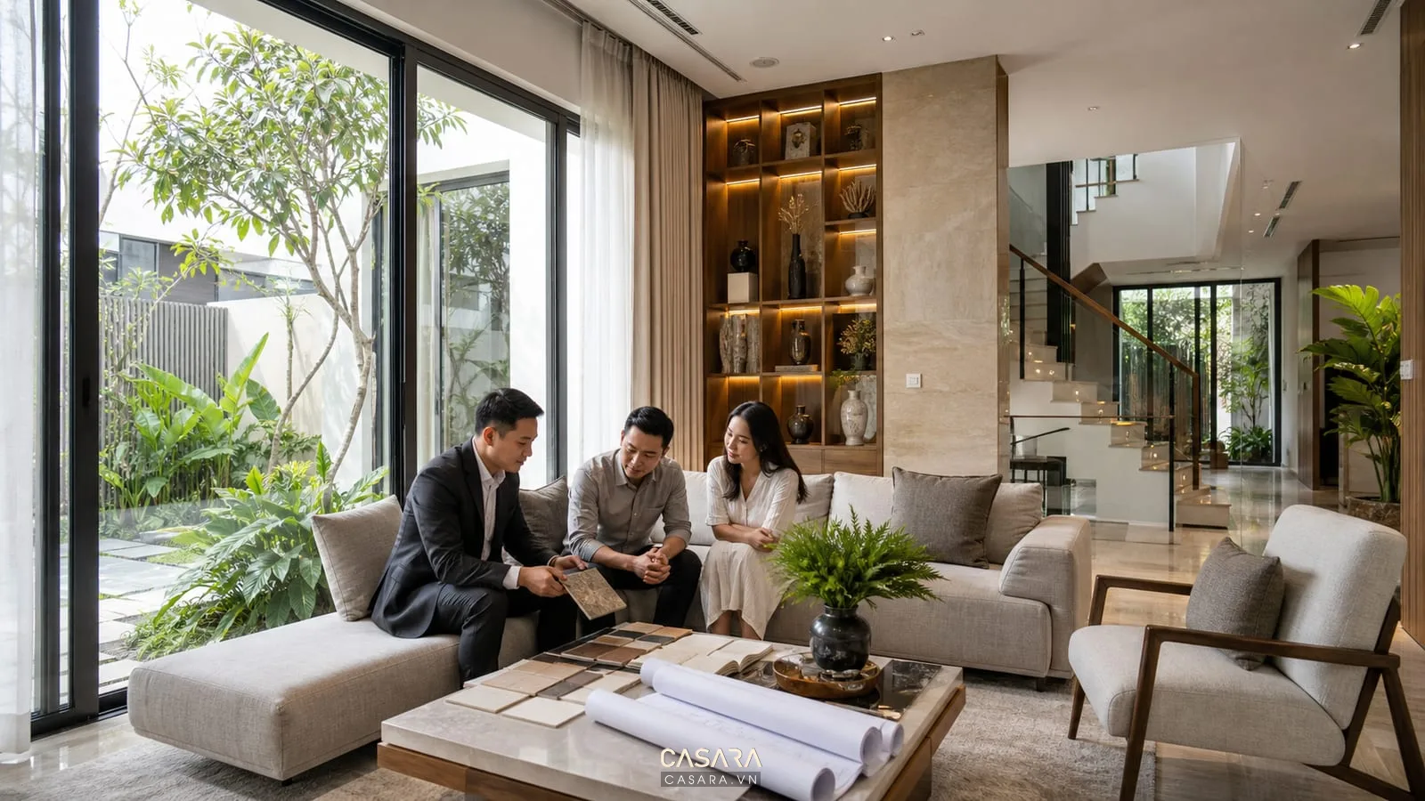 thi công biệt thự hà nội đà nẵng với phòng khách mở cửa kính và sân vườn