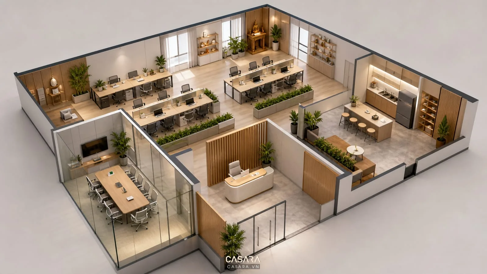 mặt bằng thiết kế nội thất văn phòng 100m2 có phòng họp và khu làm việc mở