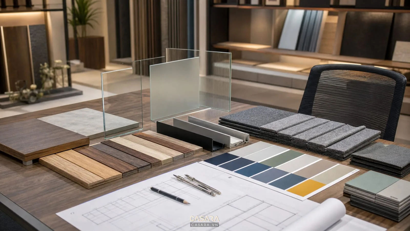 mẫu vật liệu thiết kế nội thất văn phòng gồm gỗ laminate kính và nỉ tiêu âm
