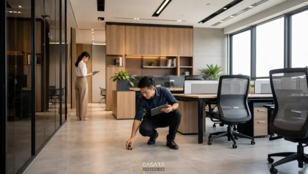 khảo sát thiết kế nội thất văn phòng với bàn làm việc và ghế văn phòng hiện đại