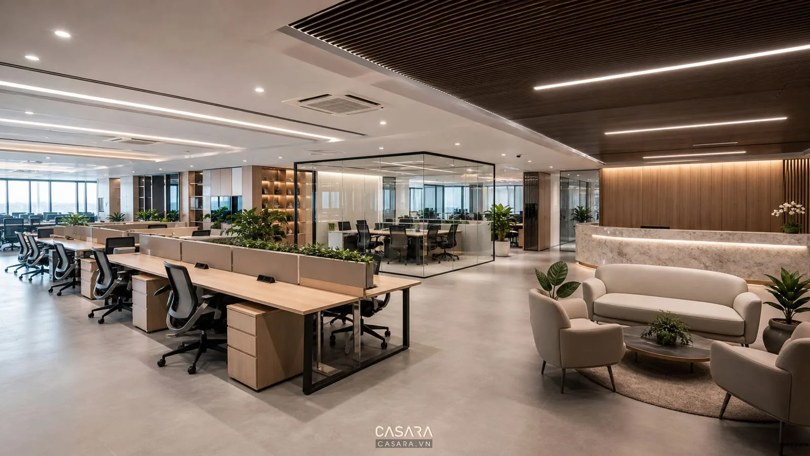thiết kế nội thất văn phòng 300m2 với khu làm việc mở và phòng họp kính