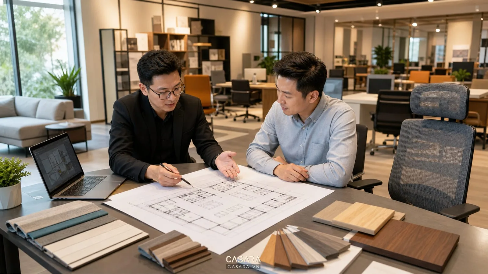 tư vấn thiết kế nội thất văn phòng với bản vẽ mặt bằng và mẫu vật liệu