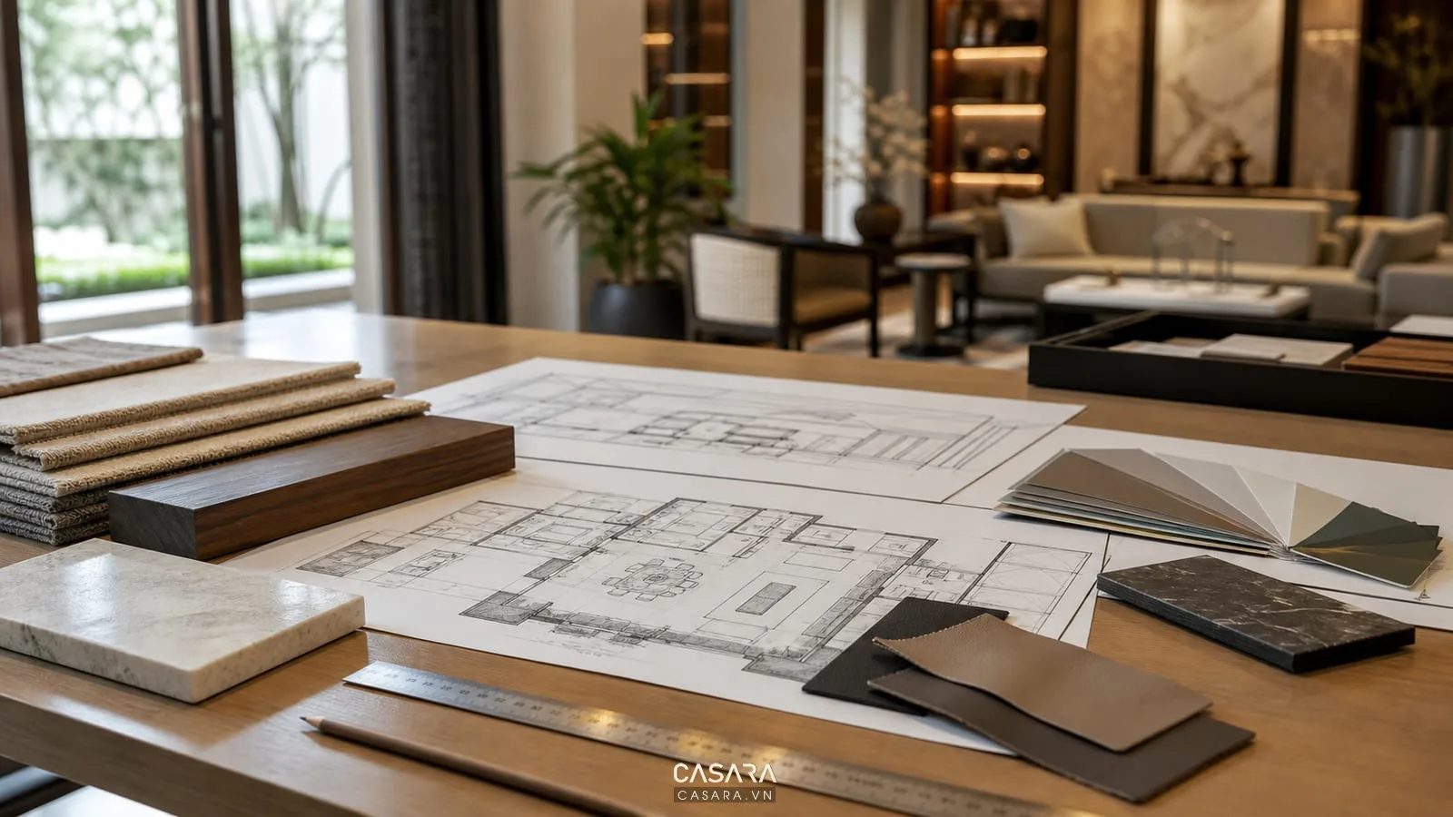 Bản vẽ thiết kế nội thất biệt thự cùng mẫu vật liệu gỗ đá và vải