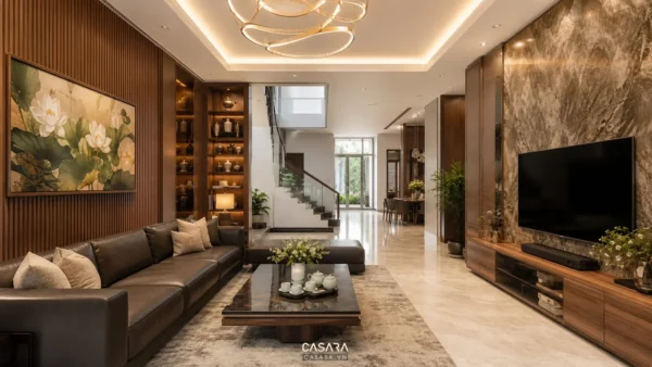 Phòng khách biệt thự hiện đại với sofa lớn, vách gỗ, kệ tivi và ánh sáng ấm