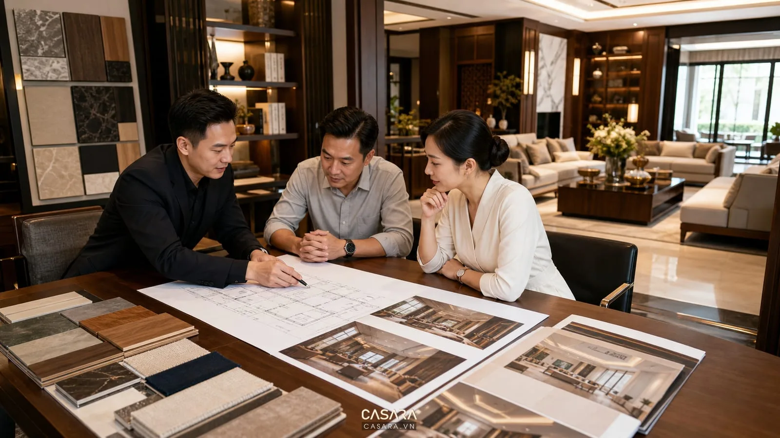 Tư vấn thiết kế thi công nội thất biệt thự với bản vẽ mặt bằng, phối cảnh 3D và mẫu vật liệu