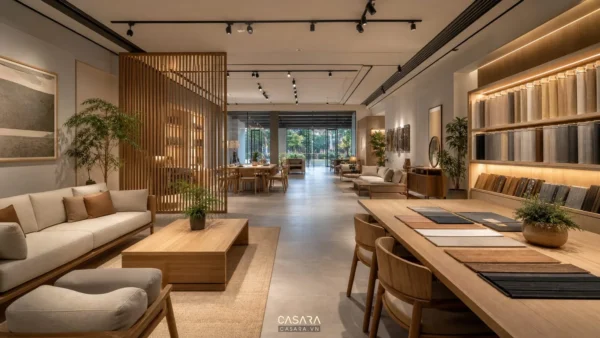 Showroom thiết kế nội thất hiện đại với khu trưng bày sofa, bàn tư vấn vật liệu, ánh sáng ấm và lối đi thoáng.
