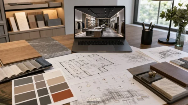 Bàn làm việc thiết kế showroom nội thất với bản vẽ mặt bằng, phối cảnh 3d, mẫu vật liệu và bảng màu.