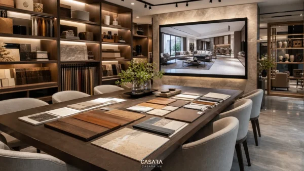 Khu tư vấn showroom thiết kế nội thất với bàn lớn, mẫu vật liệu, màn hình phối cảnh và kệ trưng bày phía sau.