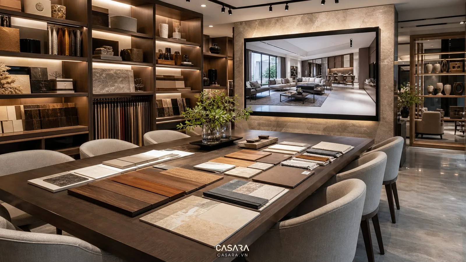Khu tư vấn showroom thiết kế nội thất với bàn lớn, mẫu vật liệu, màn hình phối cảnh và kệ trưng bày phía sau.