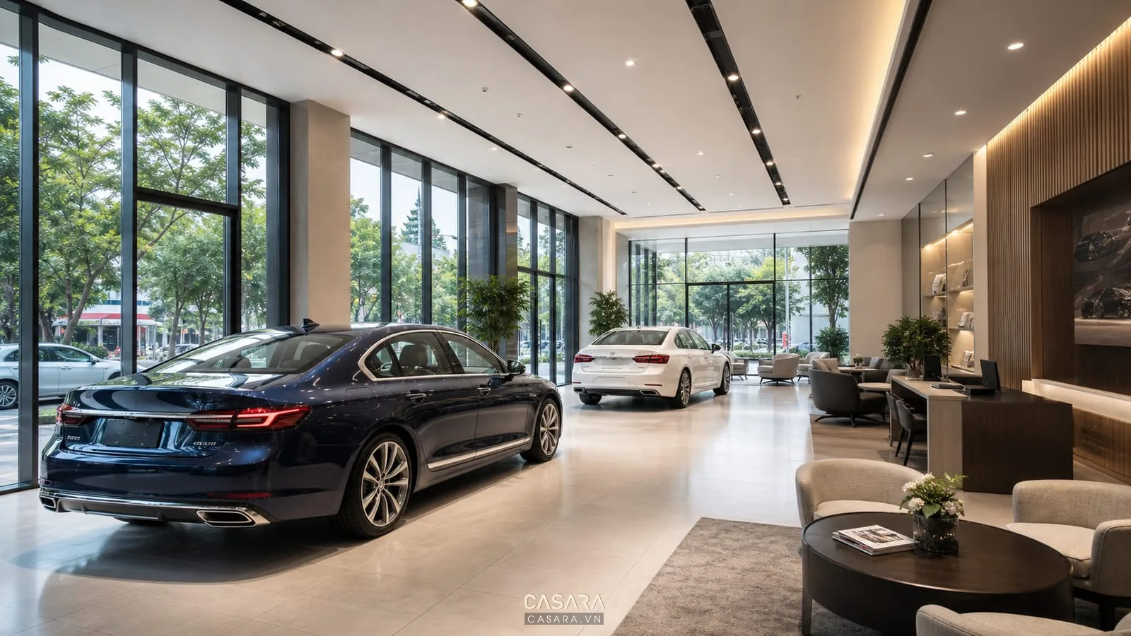 Đồ án thiết kế showroom ô tô có ô tô trưng bày, lối đi rộng quanh xe, kính mặt tiền lớn và khu tư vấn.