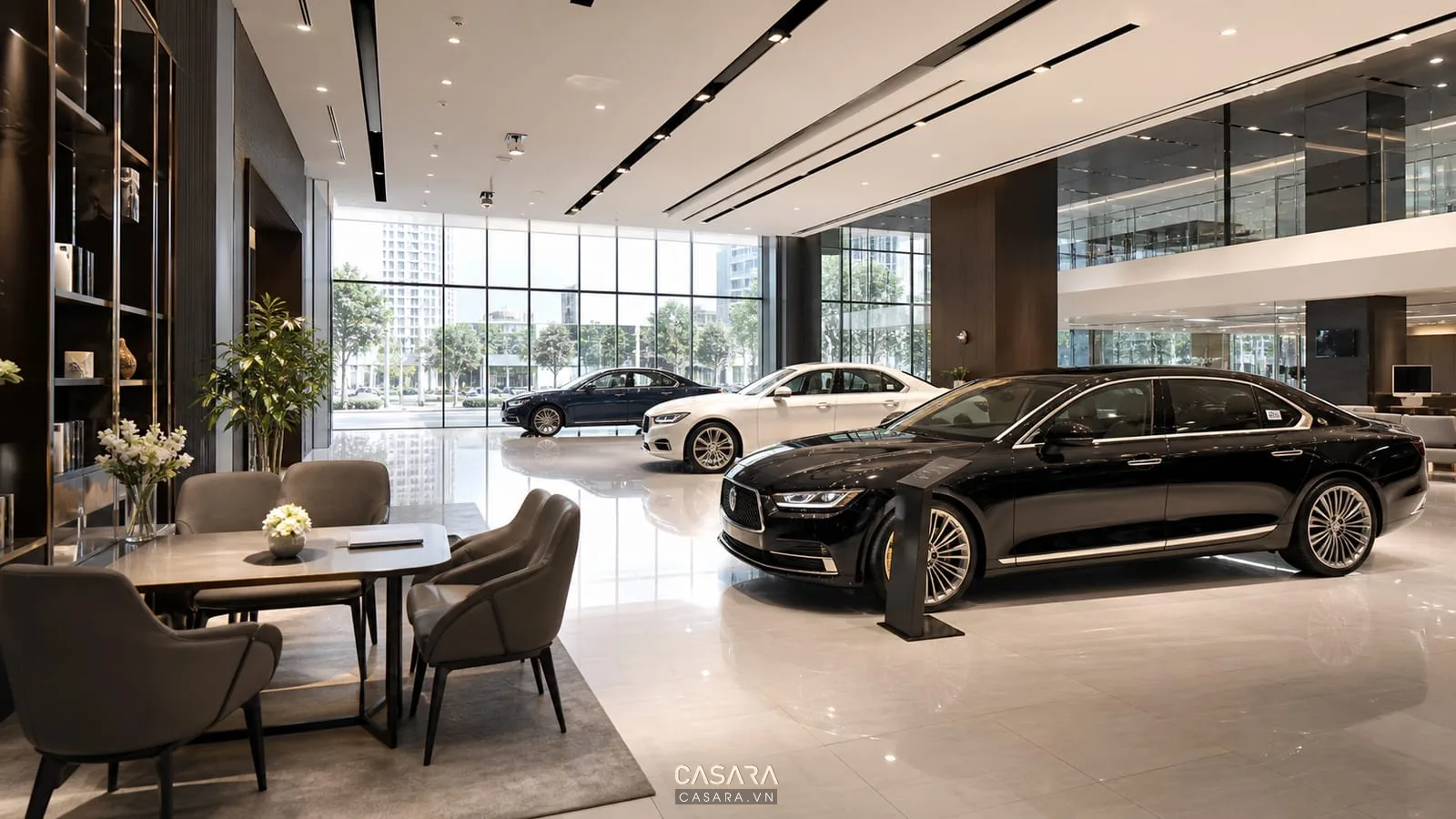 showroom ô tô hiện đại với xe trưng bày và mặt tiền kính lớn