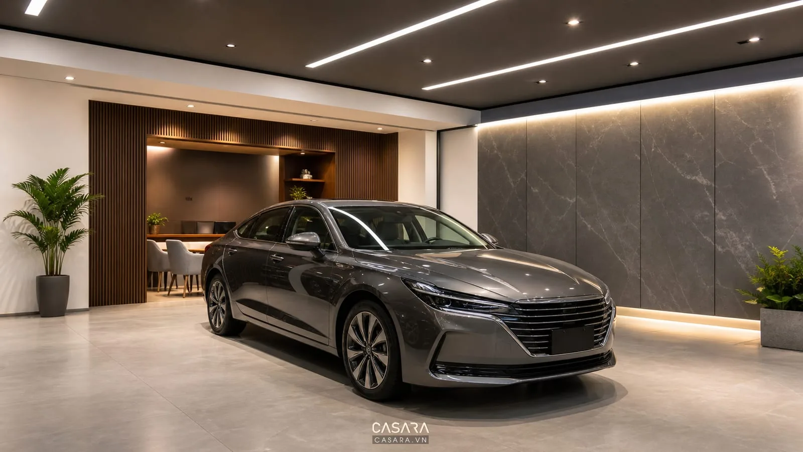 xe ô tô trong showroom với đèn trần tuyến tính và sàn trung tính