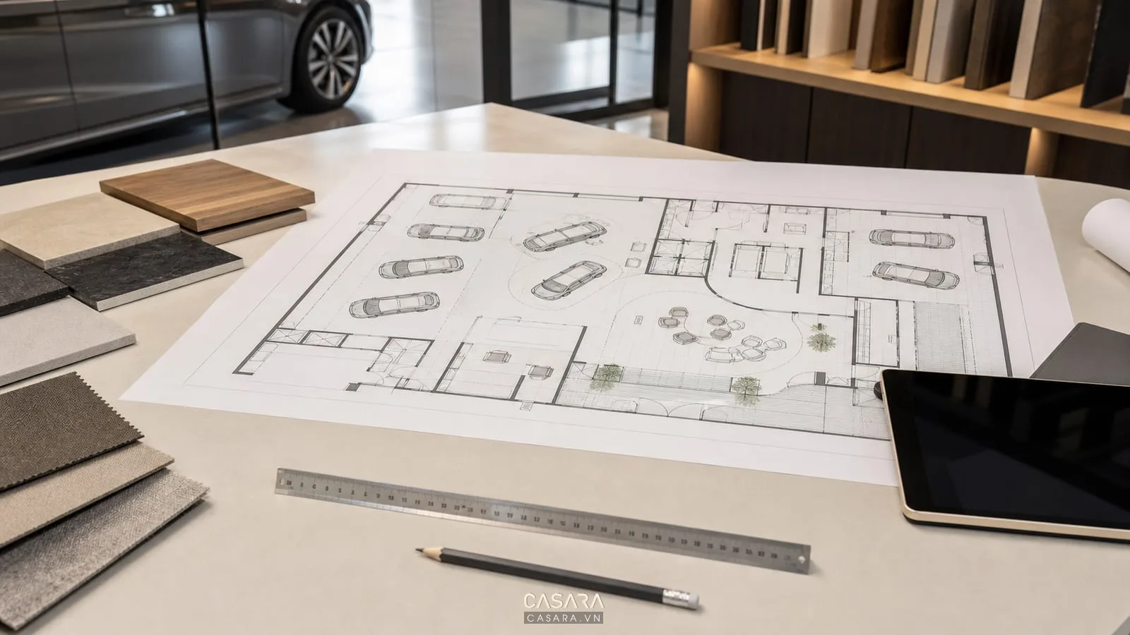 bản vẽ mặt bằng showroom ô tô với vị trí xe và mẫu vật liệu