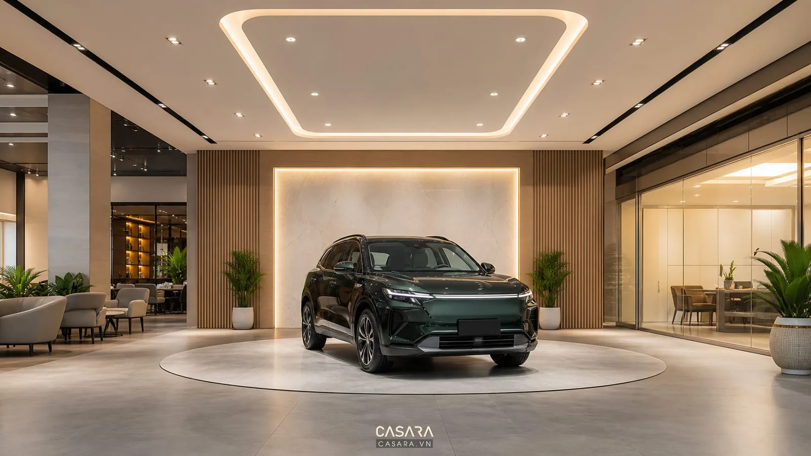 khu bàn giao xe ô tô trong showroom với đèn nhấn và phông nền tối giản