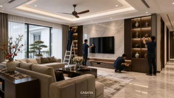 Thi công nội thất phòng khách biệt thự cao cấp với sofa vách tivi và trần đèn