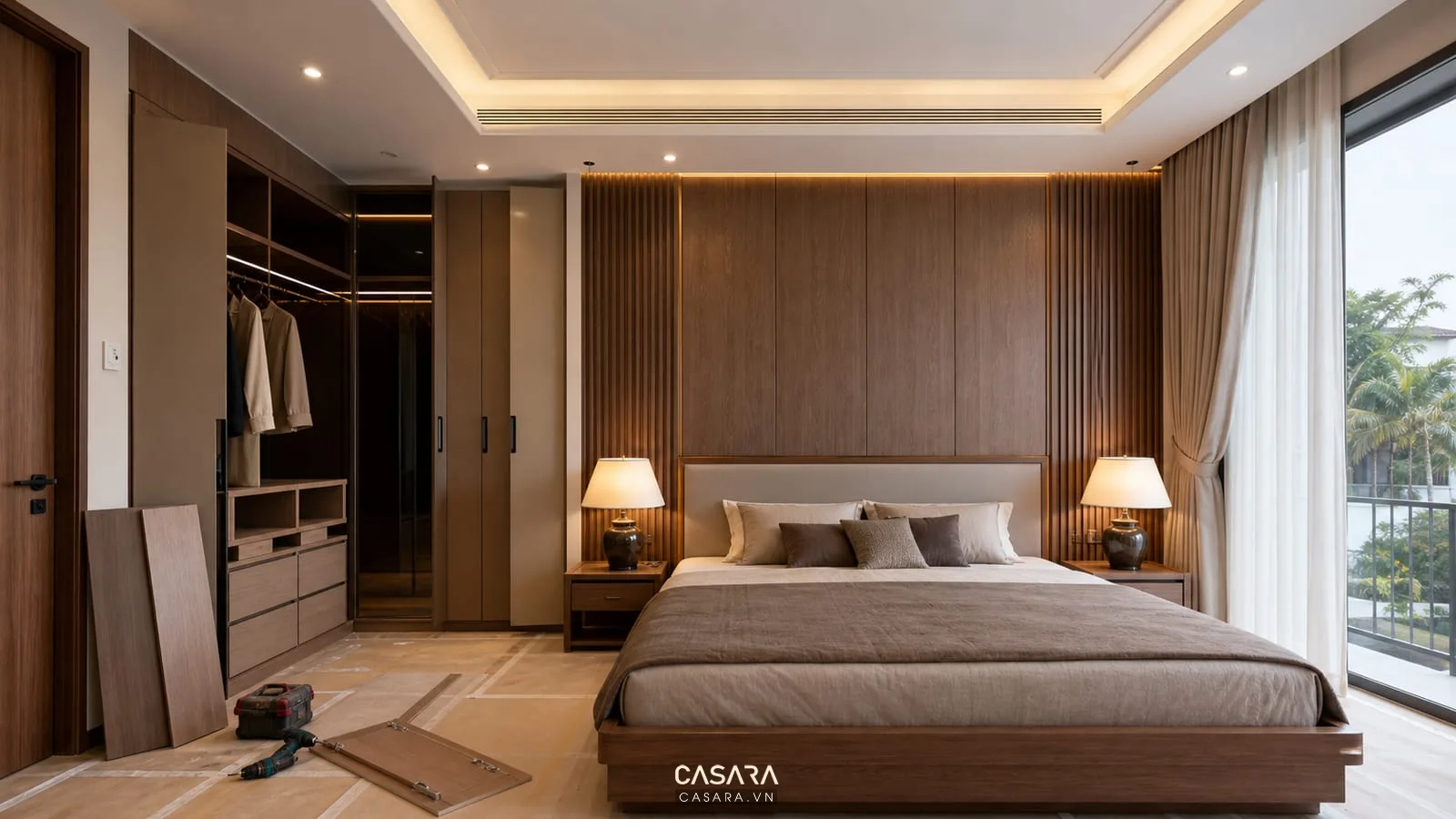Thi công phòng ngủ master biệt thự với tủ quần áo âm tường và vách đầu giường gỗ