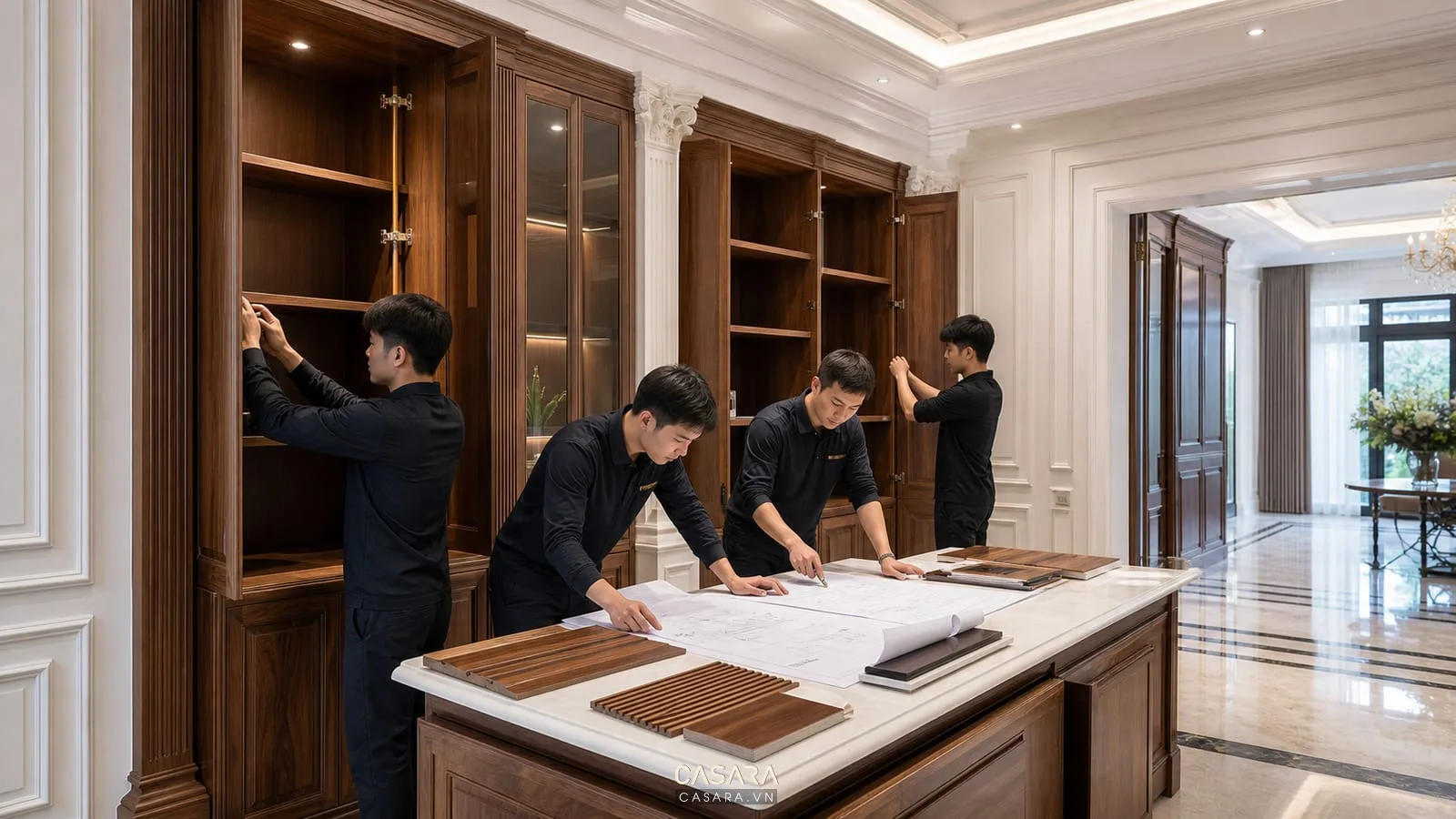 Đội thi công nội thất biệt thự tân cổ điển kiểm tra tủ gỗ và bản vẽ tại công trình