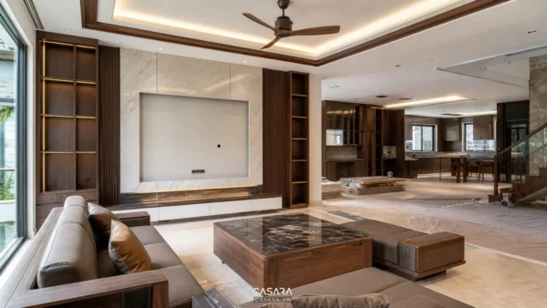 thi công nội thất biệt thự phòng khách với hệ tủ gỗ và vách tivi