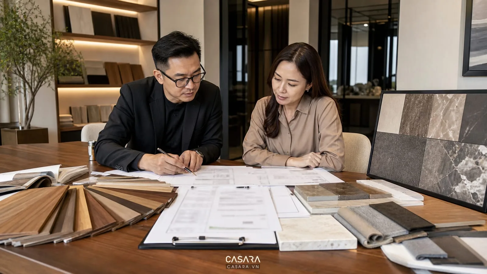 tư vấn báo giá thi công nội thất biệt thự với bản vẽ và mẫu vật liệu
