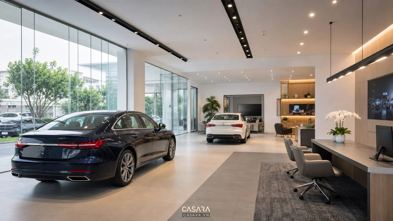 Thiết kế showroom xe hơi có xe hơi trưng bày mặt tiền kính lớn đèn trần bàn tư vấn và khu bàn giao