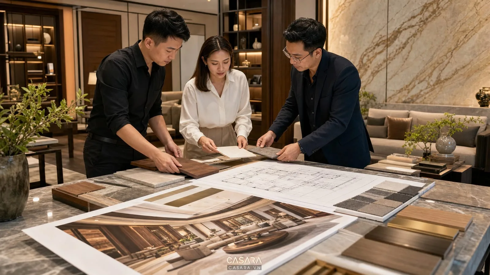 Đơn vị thiết kế thi công biệt thự duyệt mẫu vật liệu gỗ đá vải kim loại cùng bản vẽ nội thất