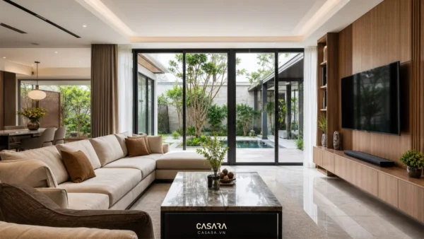 Thi công biệt thự trọn gói Thủ Đức với phòng khách biệt thự sofa lớn bàn trà đá và vách tivi gỗ