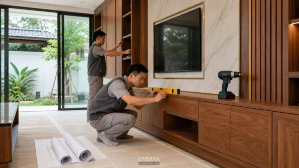 Thợ thi công đang căn chỉnh hệ tủ gỗ phòng khách bằng thước cân bằng