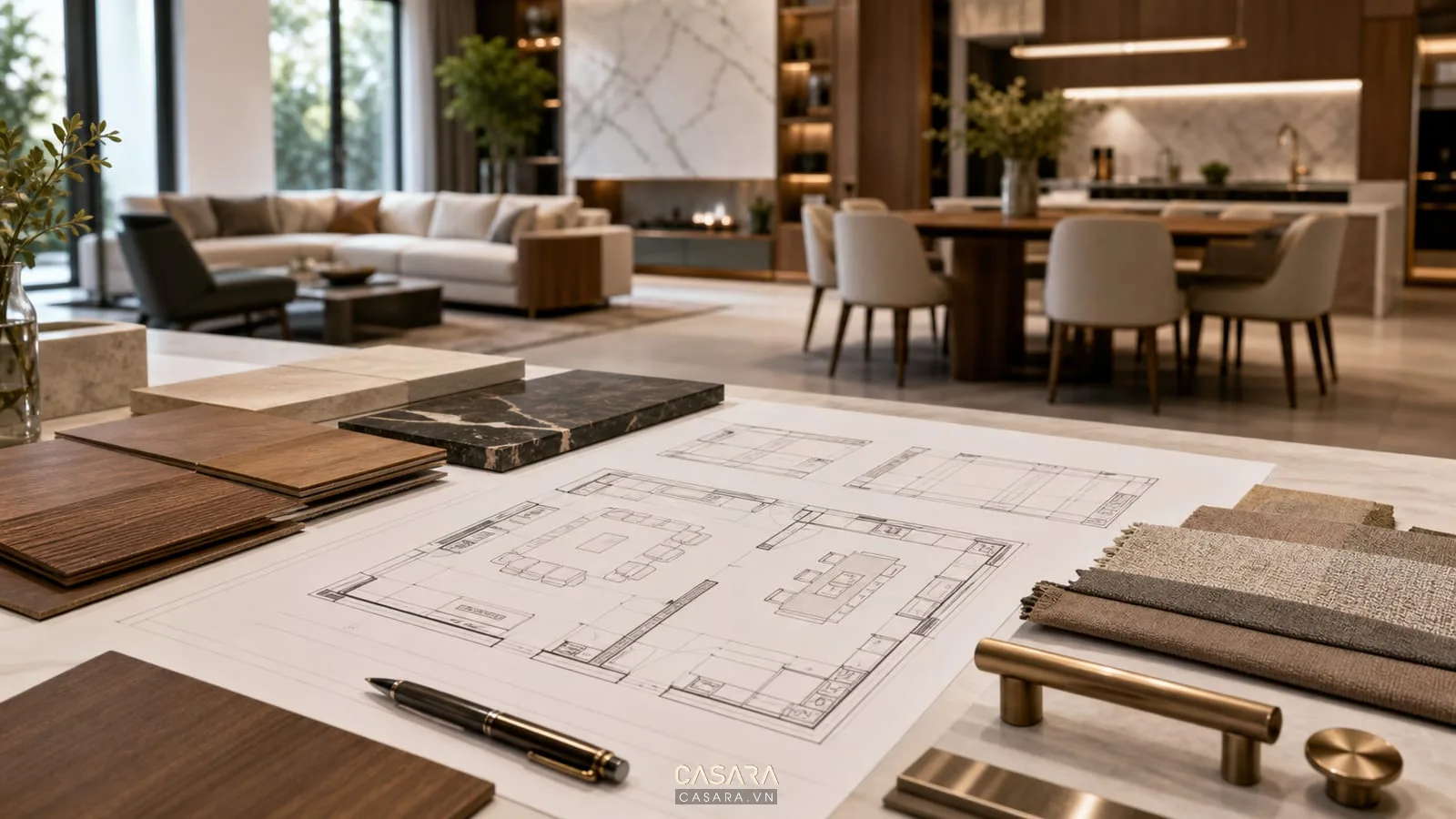 Bản vẽ thiết kế thi công nội thất biệt thự cùng mẫu vật liệu gỗ đá