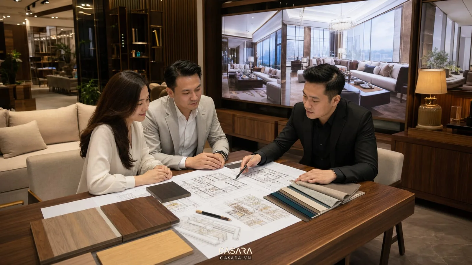 Tư vấn nội thất biệt thự tại showroom Casara với bản vẽ và mẫu vật liệu