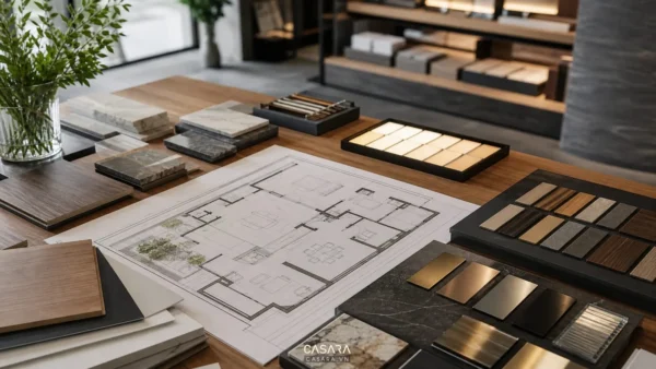 bản vẽ thi công thiết kế showroom cùng mẫu vật liệu nội thất