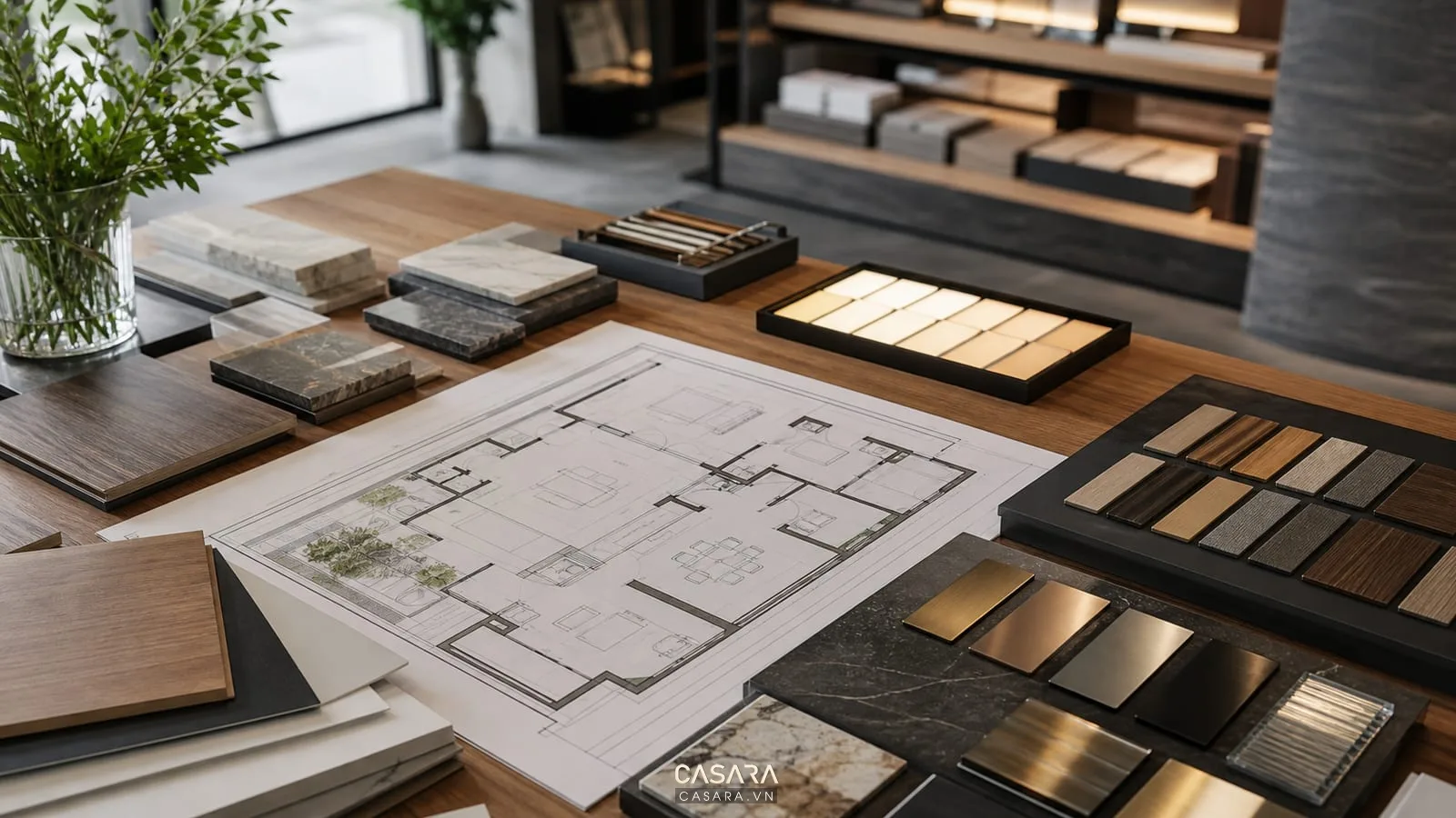 bản vẽ thi công thiết kế showroom cùng mẫu vật liệu nội thất