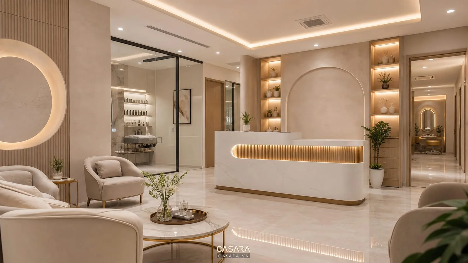 thi công showroom spa với quầy lễ tân ghế chờ và ánh sáng ấm