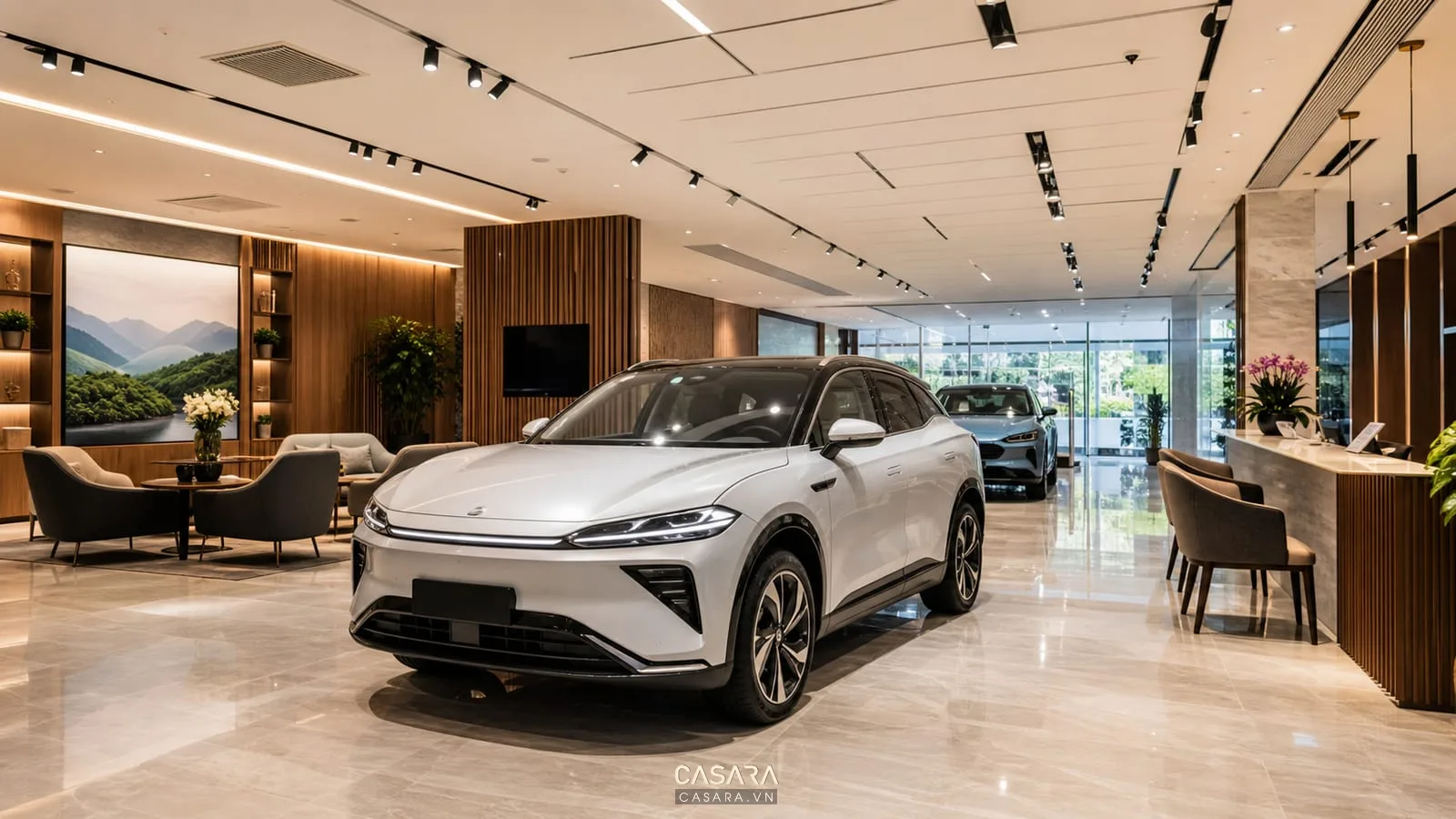 thi công showroom VinFast với khu trưng bày ô tô và quầy tư vấn