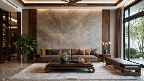 Phòng khách biệt thự có sofa da, bàn gỗ và mảng tường hiệu ứng sau lưng