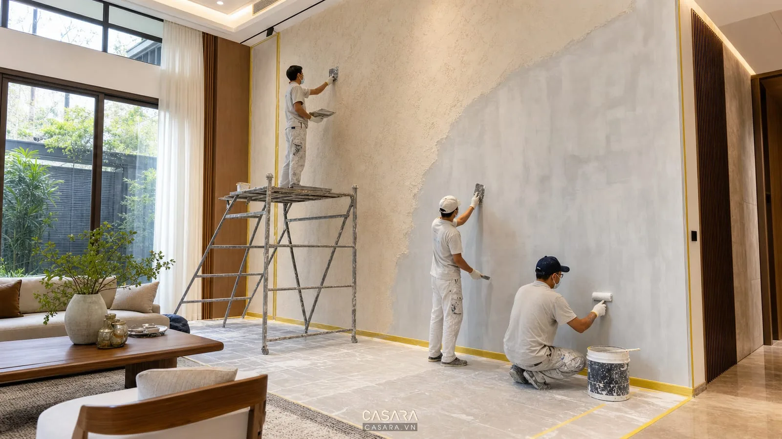 Thi công sơn hiệu ứng biệt thự trên mảng tường cao với dụng cụ và xử lý nền