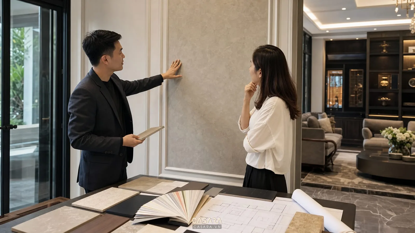Tư vấn thi công sơn hiệu ứng biệt thự tại công trình với bản vẽ và mẫu màu
