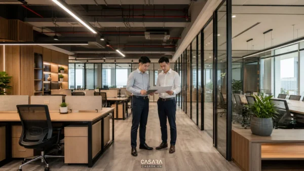 đơn vị thi công thiết kế văn phòng kiểm tra bản vẽ trong không gian văn phòng hiện đại