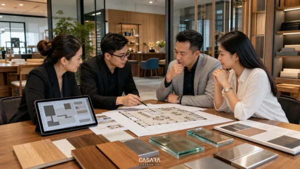 Đơn vị thiết kế showroom nội thất tư vấn mặt bằng và vật liệu cho chủ đầu tư