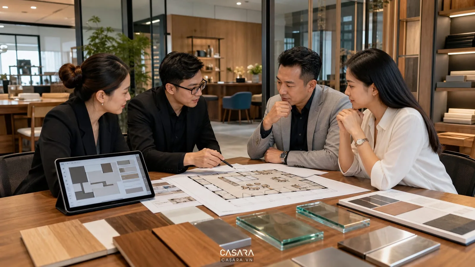 Đơn vị thiết kế showroom nội thất tư vấn mặt bằng và vật liệu cho chủ đầu tư