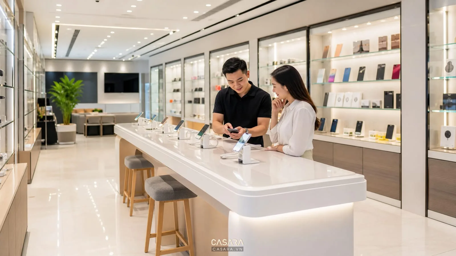 Thiết kế showroom điện thoại với quầy trải nghiệm và tủ kính trưng bày