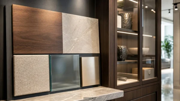 Mẫu vật liệu gỗ kính kim loại cho thiết kế showroom nội thất