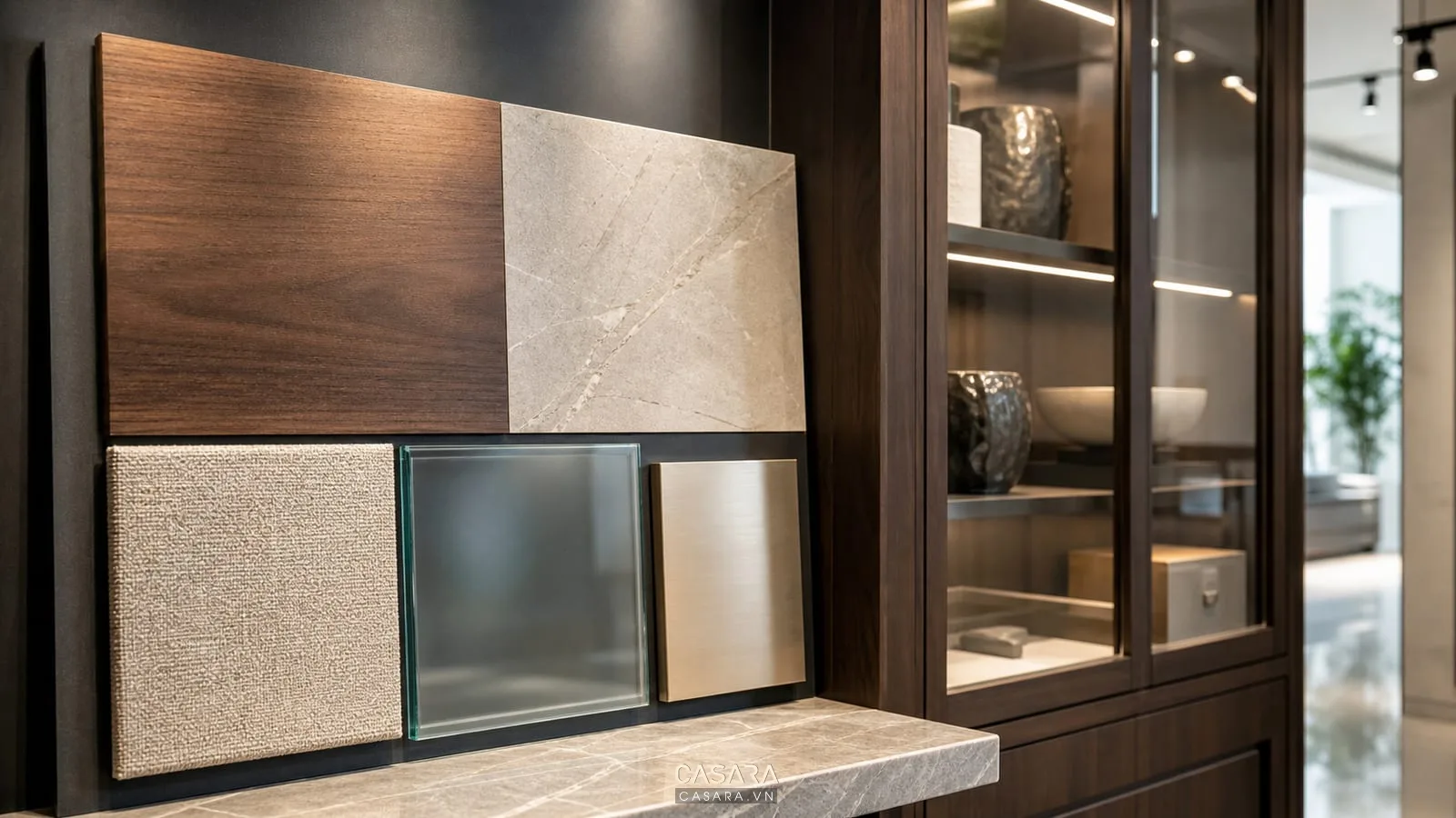 Mẫu vật liệu gỗ kính kim loại cho thiết kế showroom nội thất