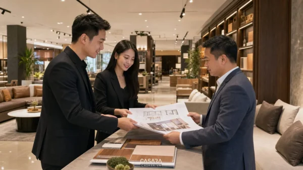 Đơn vị thiết kế showroom bàn giao bản vẽ trong không gian nội thất hoàn thiện