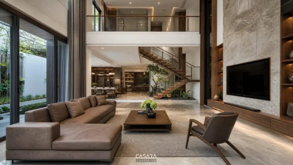 Nội thất biệt thự phòng khách sang trọng với sofa và vách tivi