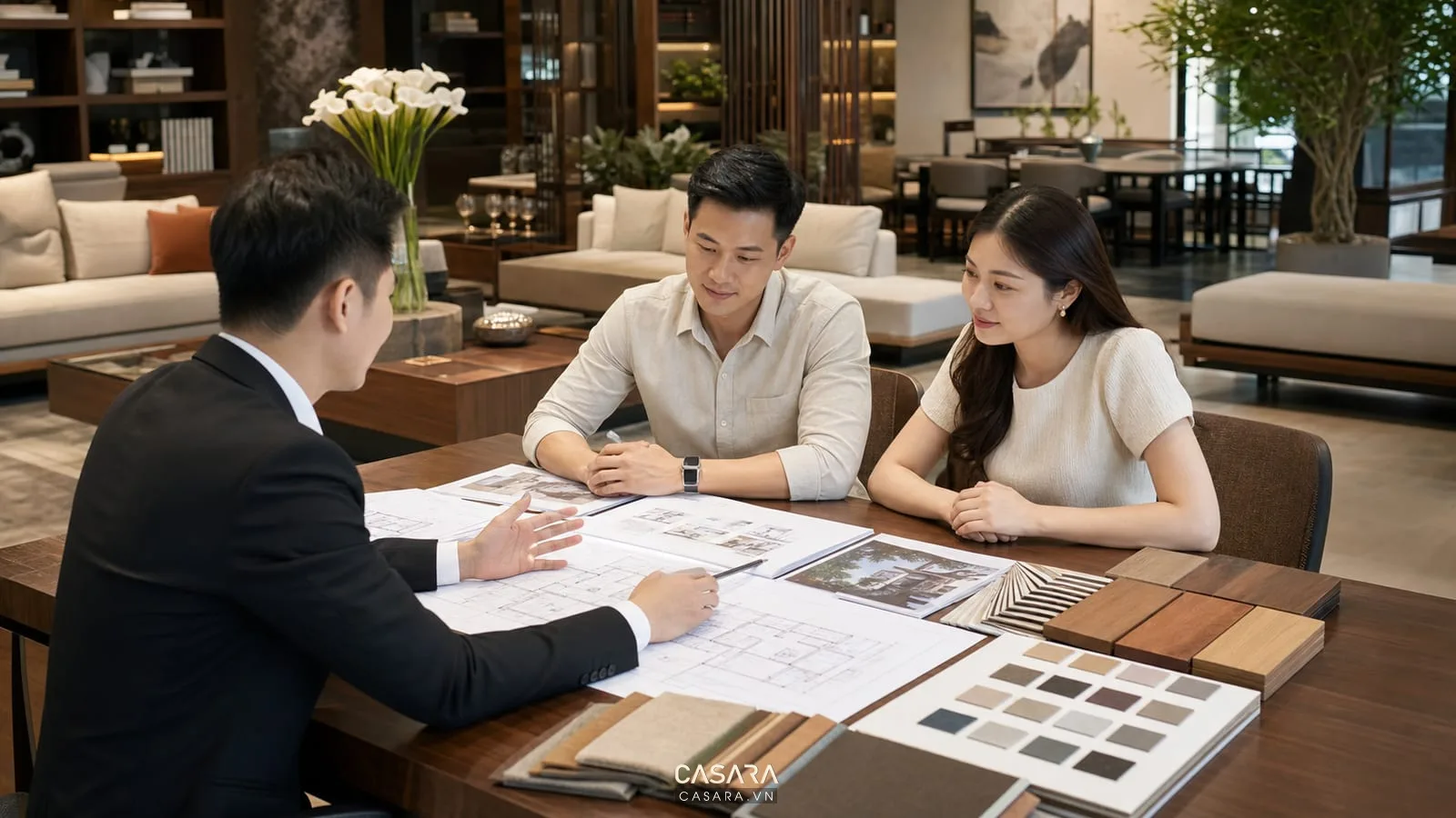 Tư vấn thiết kế thi công biệt thự với bản vẽ mẫu gỗ và sofa showroom