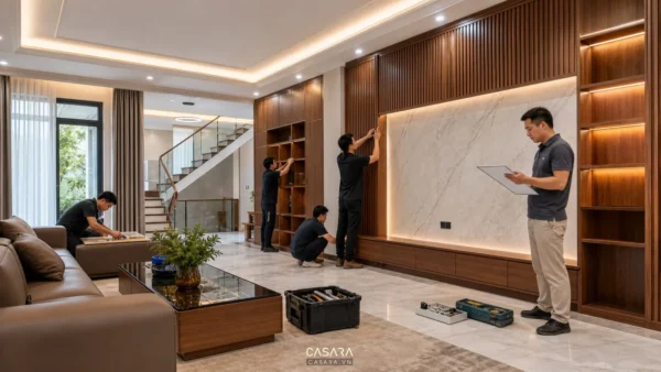Đội thợ lắp đặt hệ tủ gỗ và vách trang trí trong phòng khách biệt thự